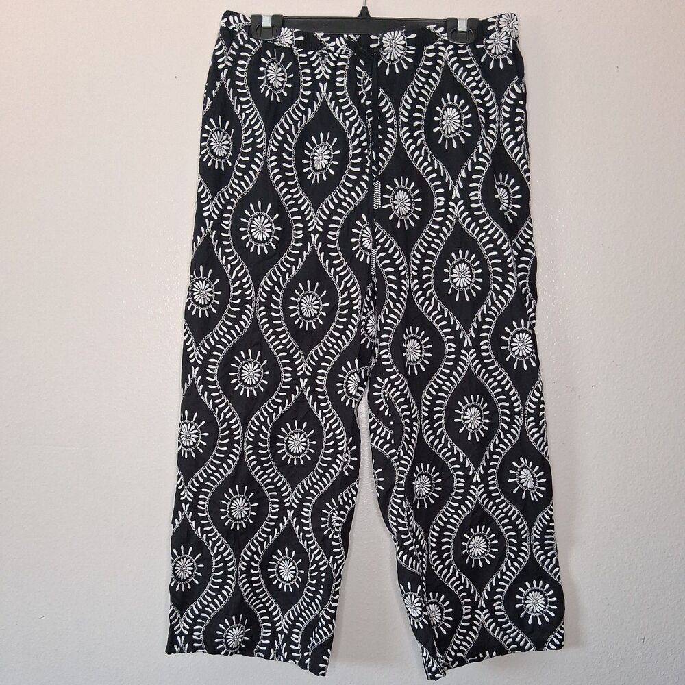 Joie Black White Embroidered Wide Leg Pants Beaded Tassel Drawstring Boho Sz L